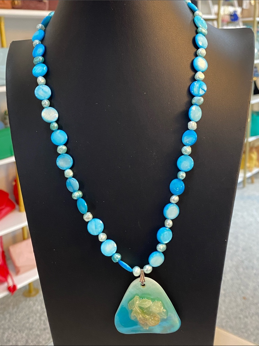 Blue Shell with flower & genuine pearl Pendant Necklace - Women Jewelry